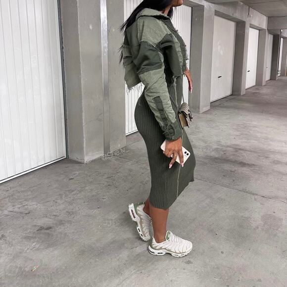 ZARA RIBBED KNIT PIPED STRETCH LONG SLEEVE MIDI DRESS KHAKI - Picture 5 of 13